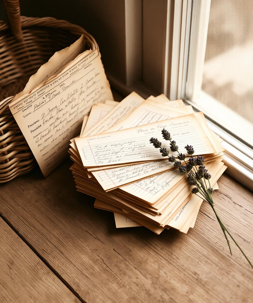 A stack of handwritten family recipe cards beside a woven basket and lavender sprigs in a windowsill